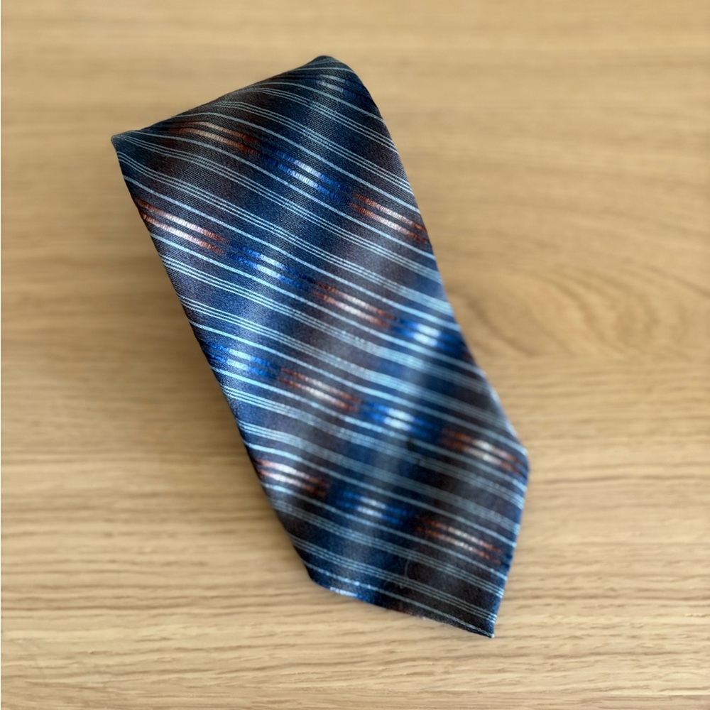 Jhane Barnes Wool Silk Neck Tie Stripe Abstract  Blue Rust White Print Luxury